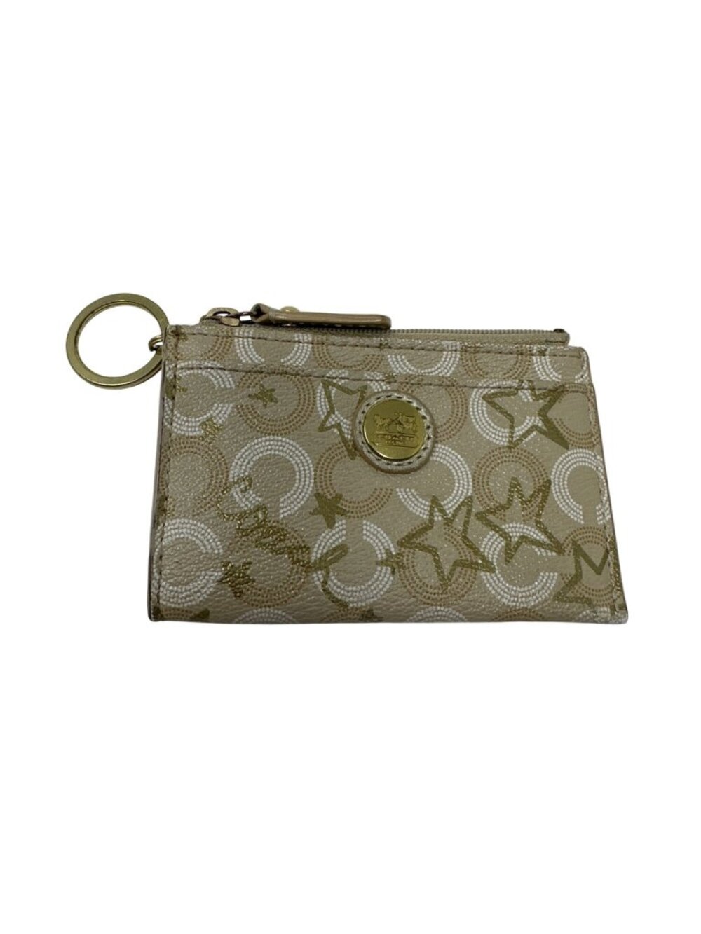 Coach Mini Skinny Leather ID Card, Coin Case, Wallet Key Chain Gold White Stars